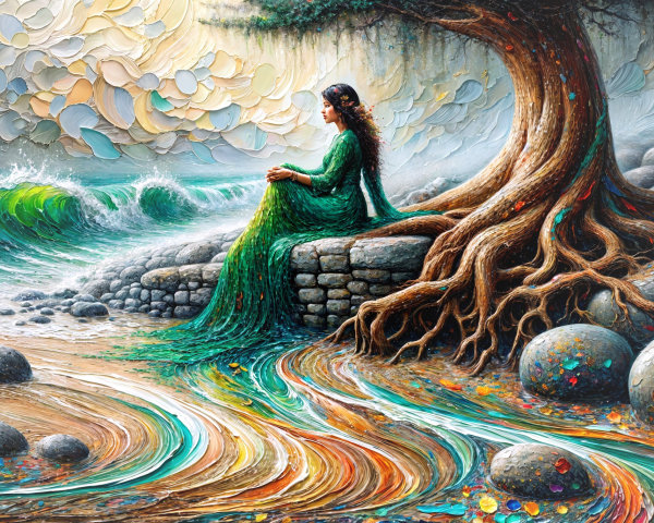 Serene Beach Scene with Woman in Green Gown