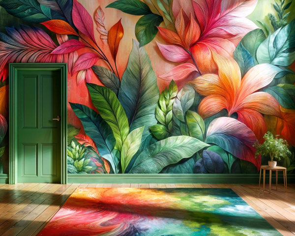 Vibrant Indoor Space with Tropical Mural and Decor
