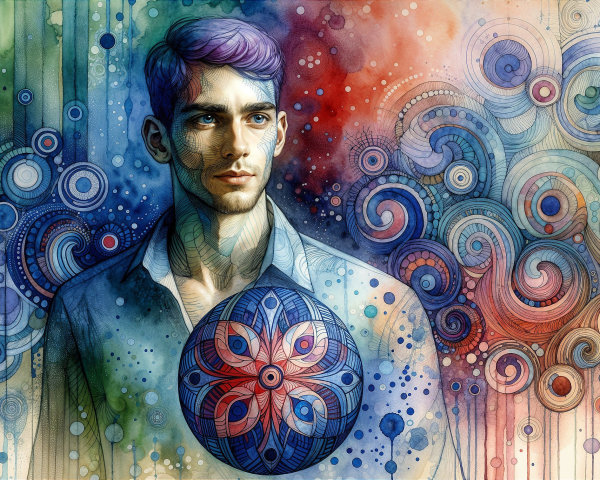 Man Surrounded by Vibrant Abstract Patterns in Watercolor