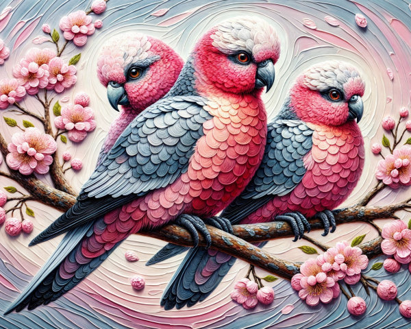 Vibrant Birds on Branch with Cherry Blossoms and Pastels