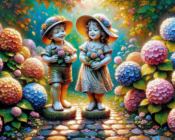 Children with Flowers in a Blooming Garden Setting