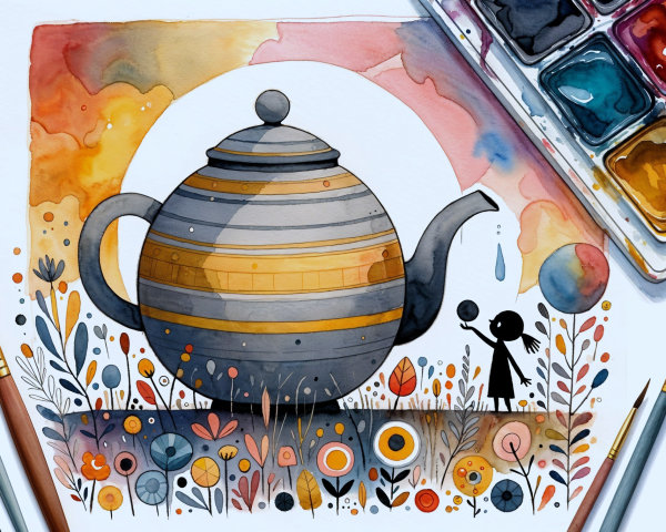 Whimsical Watercolor Scene with Striped Teapot and Flowers