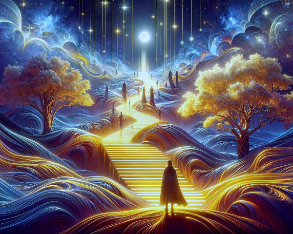 Surreal Landscape with Golden Staircase and Ethereal Trees