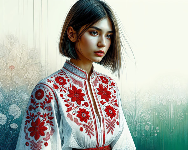 Young Woman in Traditional Embroidered Blouse