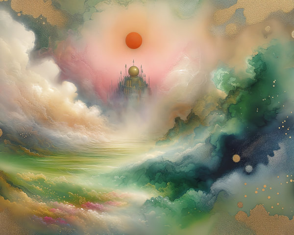 Vibrant Abstract Painting of Dreamy Landscape and Palace