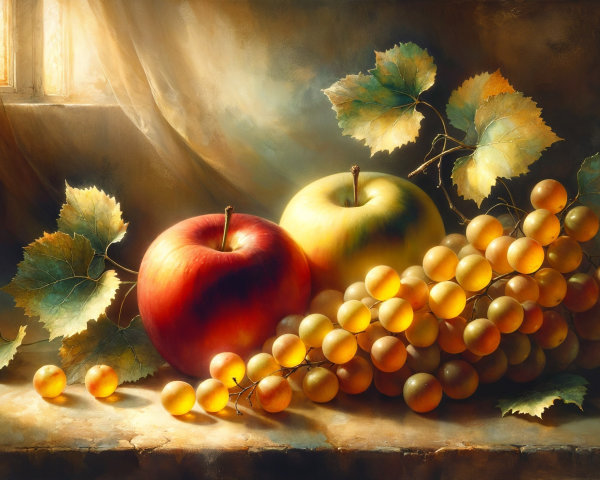 Still Life with Red and Green Apples and Grapes