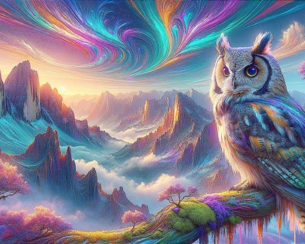 Majestic Owl Overlooking a Colorful Fantasy Landscape