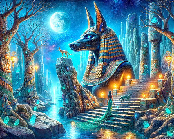 Anubis-like Statue in Mystical Landscape with Ruins