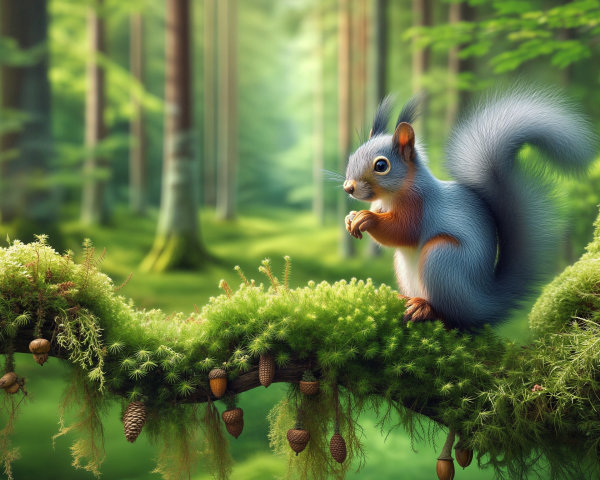 Realistic Digital Painting of a Blue Squirrel in Forest