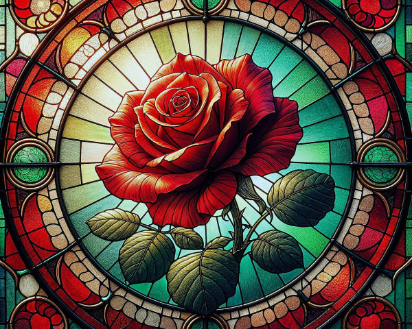 Stained Glass Design with Vibrant Red Rose Centerpiece