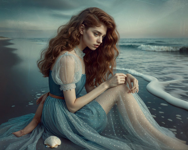 Young Woman in Blue Dress by the Ocean at Twilight
