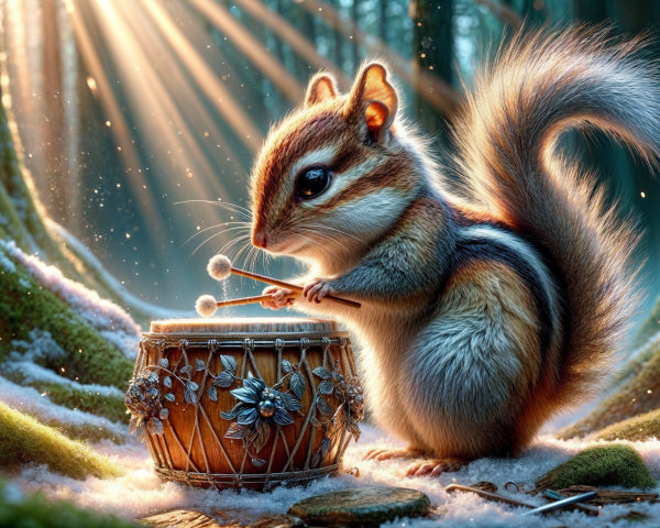 Squirrel Playing Drum in Snowy Forest Setting