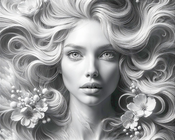 Monochrome Portrait of a Young Woman with Flowers