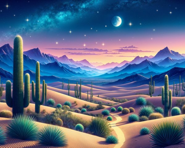 Tranquil Desert Landscape at Twilight with Cacti and Dunes