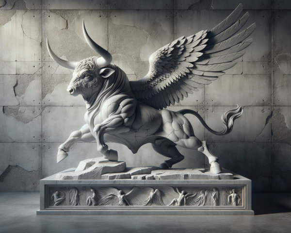 Winged Bull Sculpture with Intricate Stone Carvings