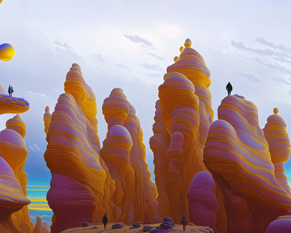 Surreal Landscape with Vibrant Rock Formations and Figures
