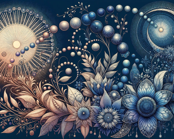 Celestial and Floral Design in Blue and Gold Shades