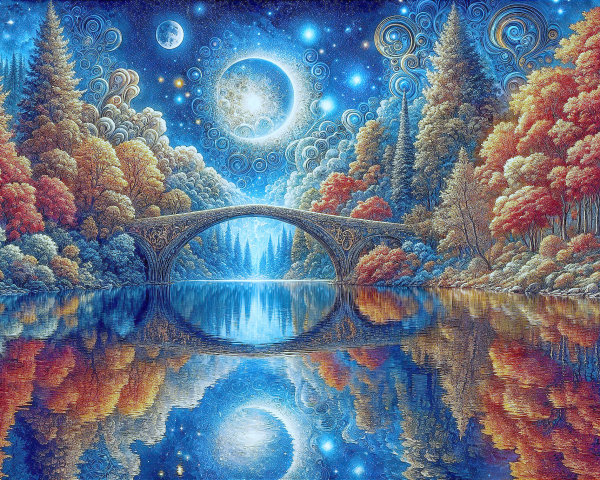 Surreal Landscape with Bridge Over Tranquil Lake