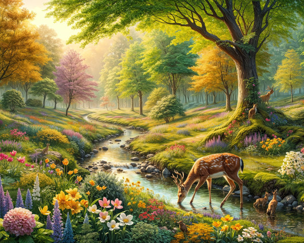Vibrant Forest Landscape with Stream and Wildlife