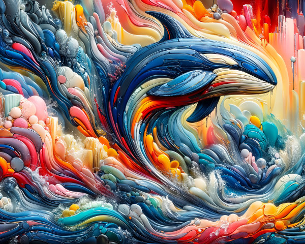 Abstract Whale Leaping Through Colorful Waves