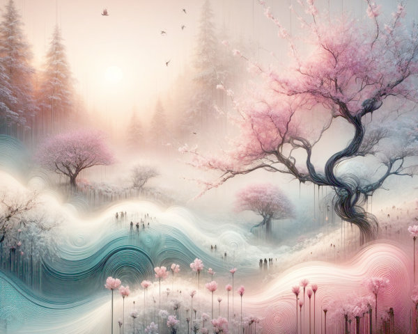 Serene Landscape with Pink Cherry Blossom Trees
