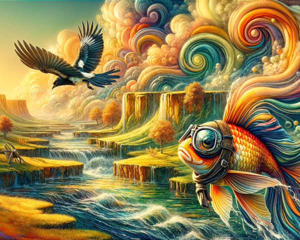 Surreal Landscape with Colorful River and Goldfish