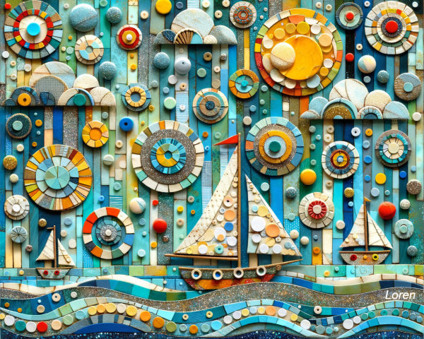 Vibrant Collage of Whimsical Seaside Scene