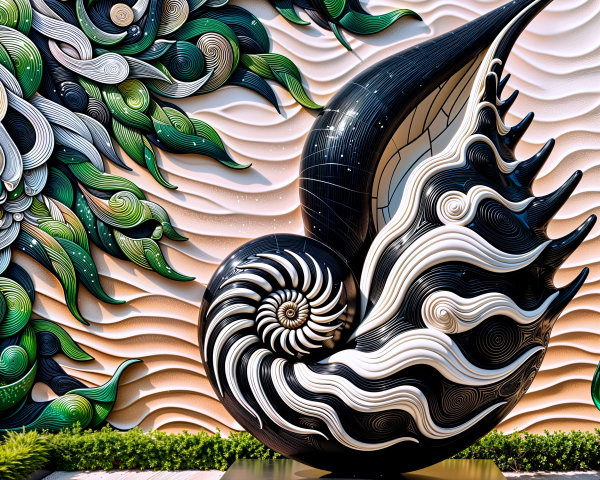 Nautilus Shell Sculpture with Black and White Patterns