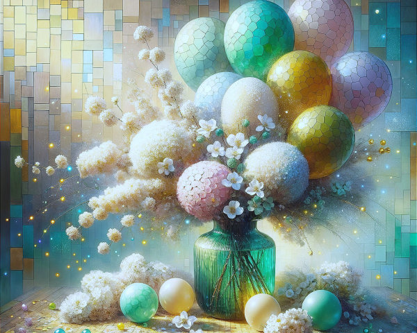 Pastel Balloons and Flowers in Turquoise Vase