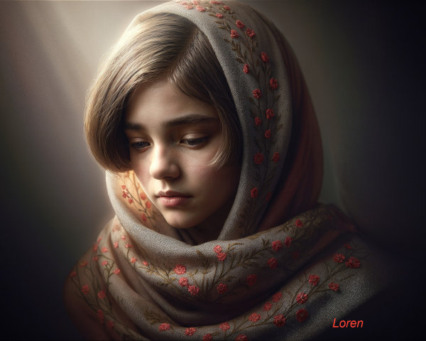 Young girl in embroidered floral scarf, contemplative gaze