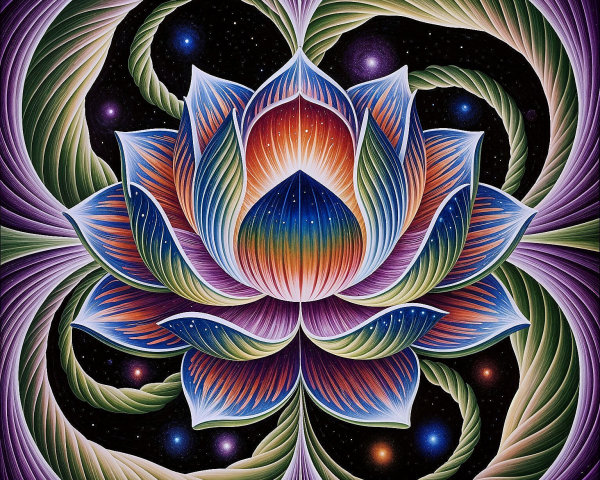 Vibrant Symmetrical Lotus Flower with Cosmic Background