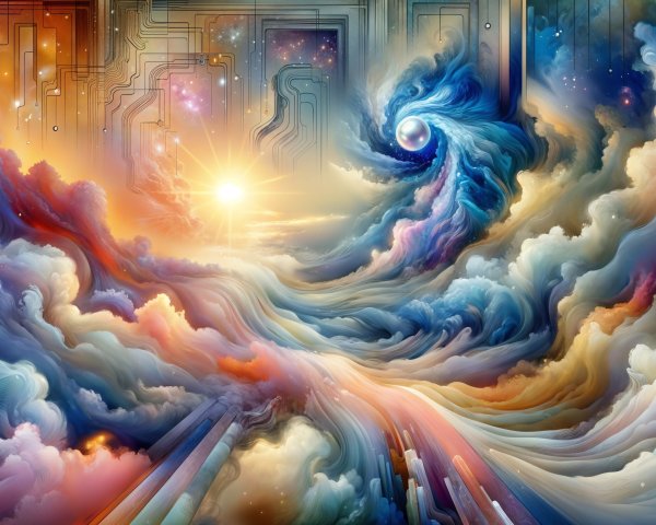 Vibrant Cosmic Scene with Pastel Hues and Abstract Patterns