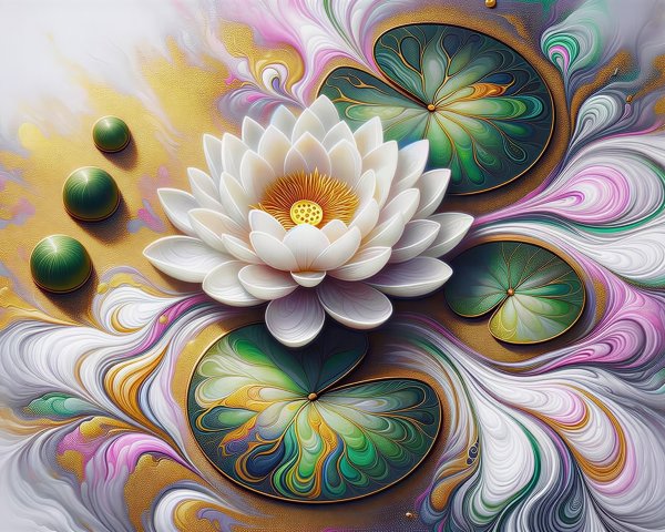 3D Rendering of White Lotus Flower with Colorful Swirls