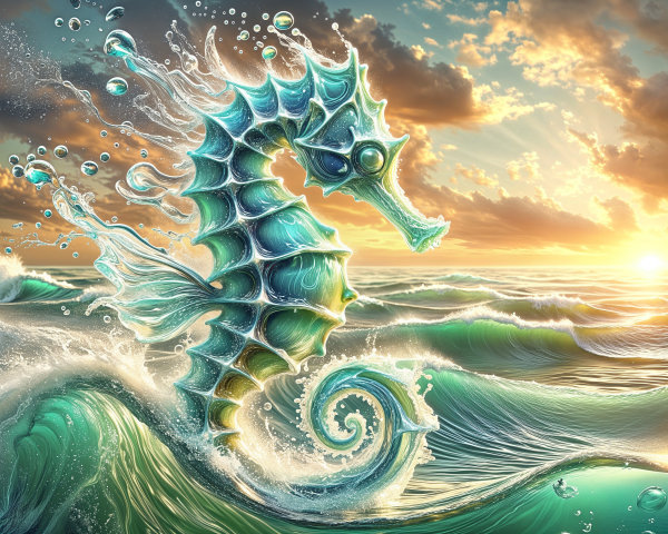 Seahorse in Turquoise Waves at Sunset with Bubbles