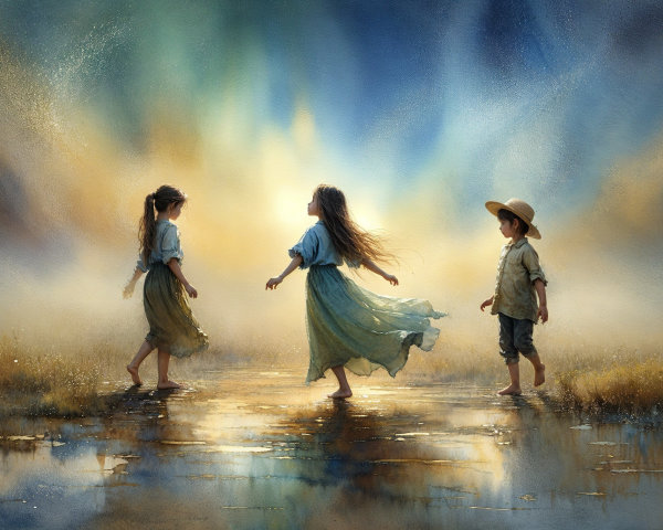 Children in Shallow Water at Dawn with Reflections