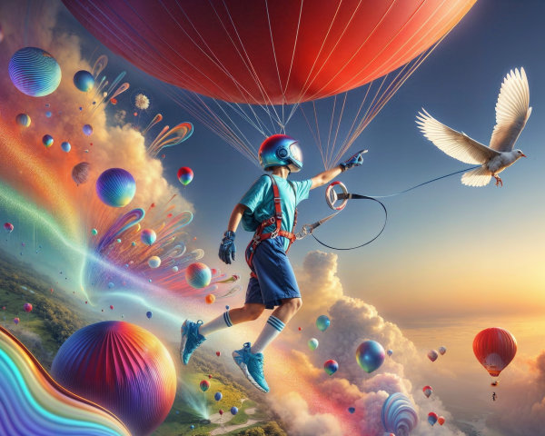 Young boy floating with balloons in vibrant sky scene