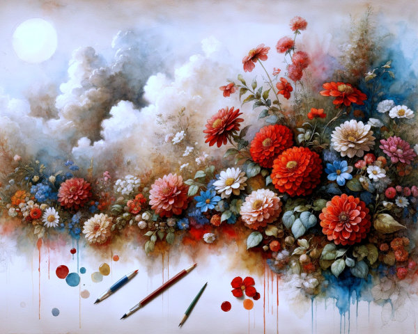 Vibrant Floral Painting with Colorful Flowers and Clouds
