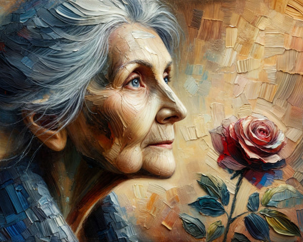 Textured Portrait of an Elderly Woman with Rose