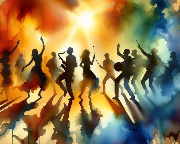 Dynamic Watercolor of Silhouetted Musical Band Performance