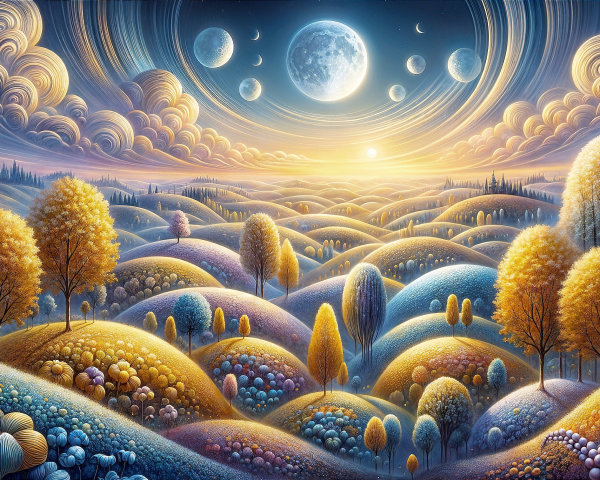Surreal Landscape with Vibrant Hills and Cosmic Sky