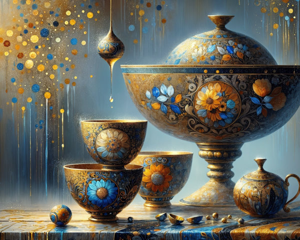 Elegant Still Life of Ornate Ceramics and Wood Surface