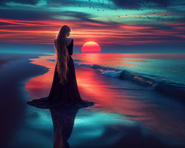 Silhouette of Woman in Black Dress at Sunset Beach