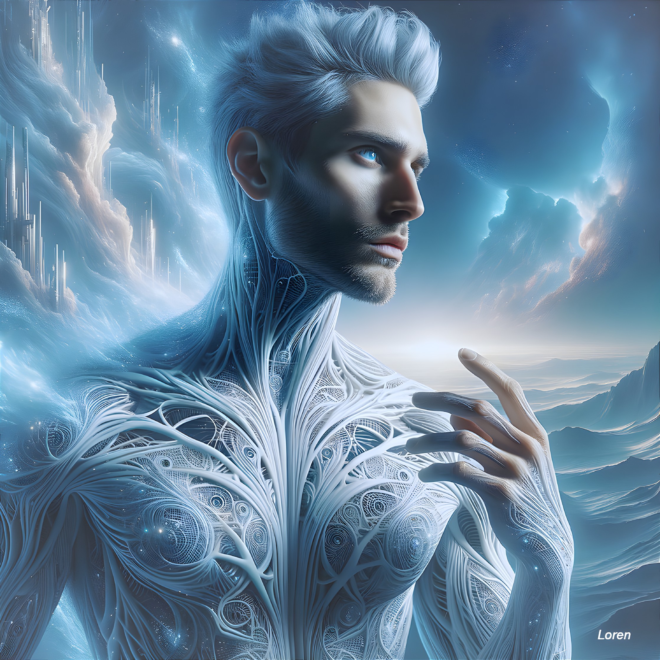 Futuristic figure with glowing patterns in surreal landscape