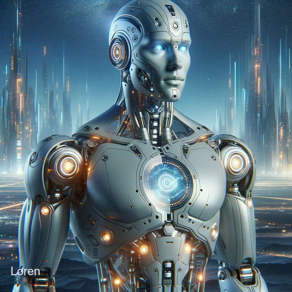 Futuristic humanoid robot in a vibrant cityscape