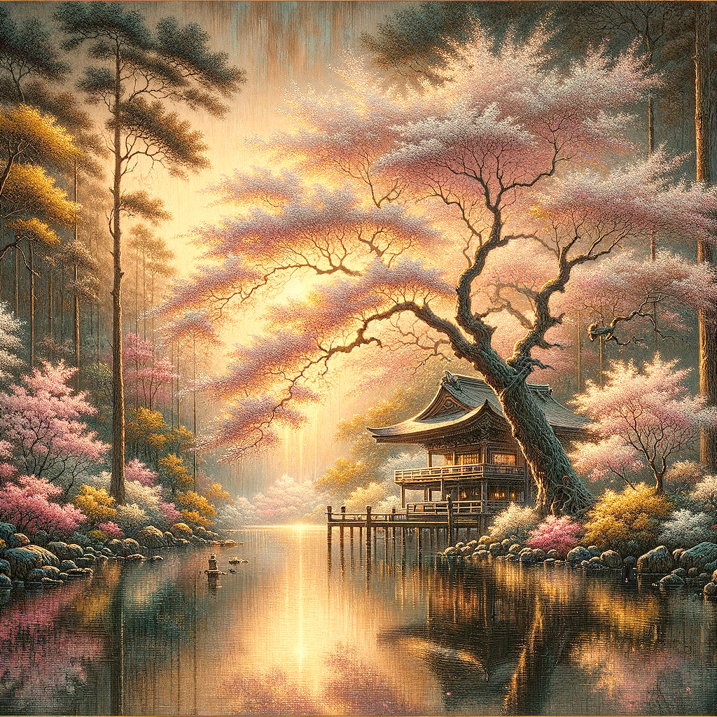 Traditional Wooden House by Serene River and Blossoms