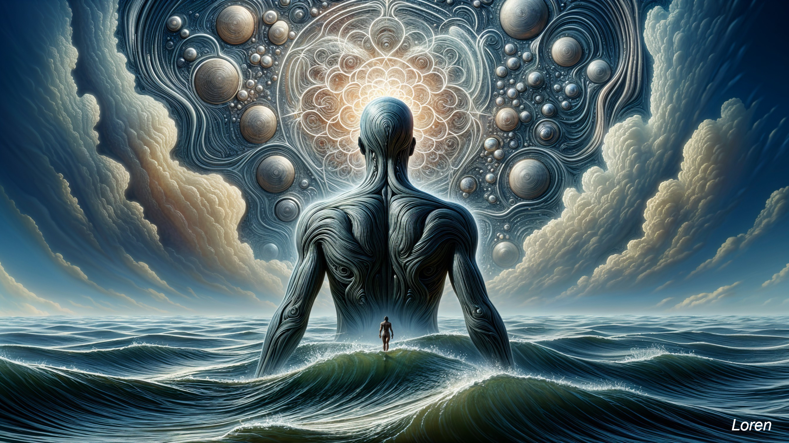 Surreal Figure Amidst Ocean Waves and Cosmic Sky