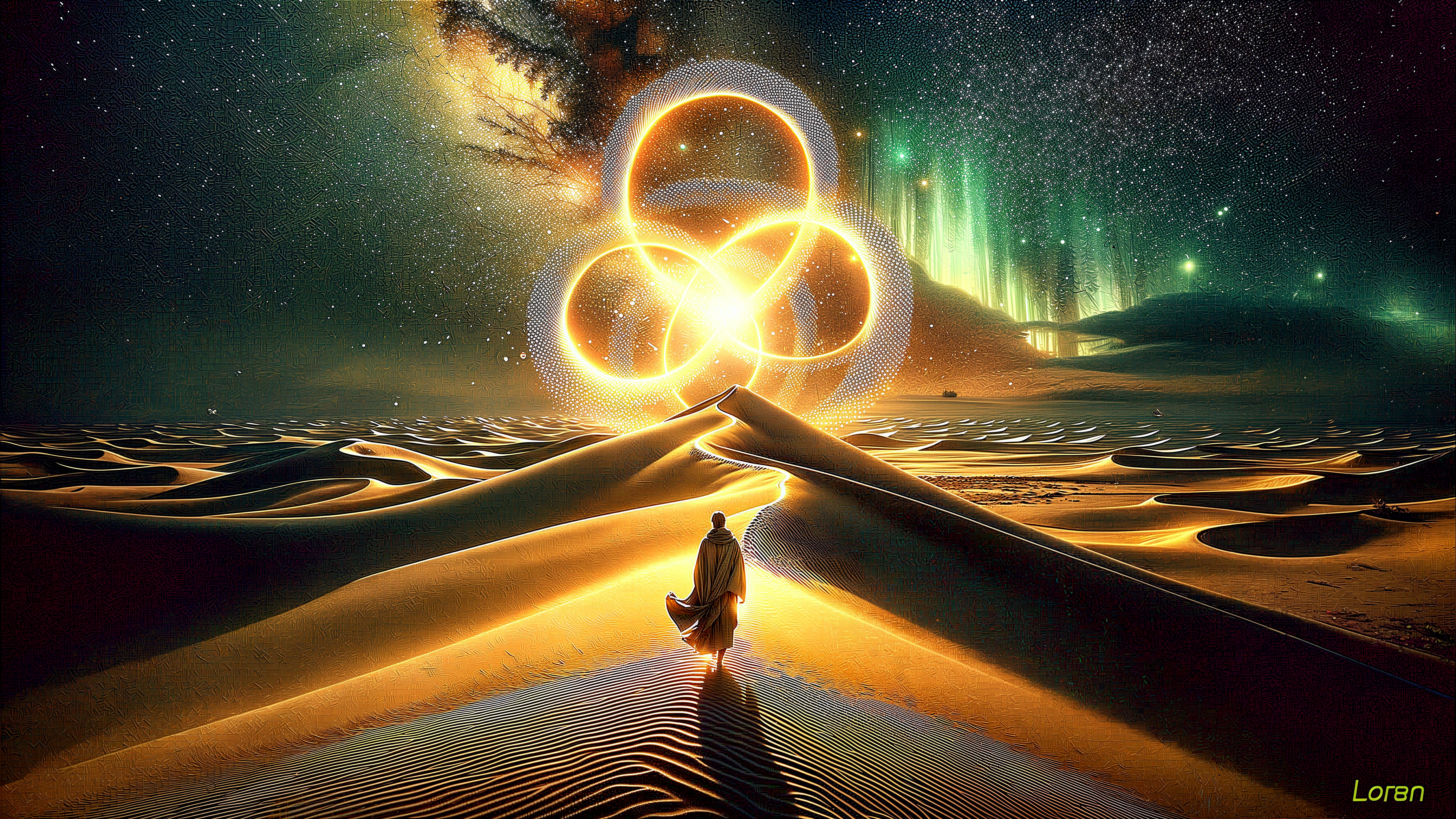 Solitary Figure on Golden Sands Under Cosmic Formation