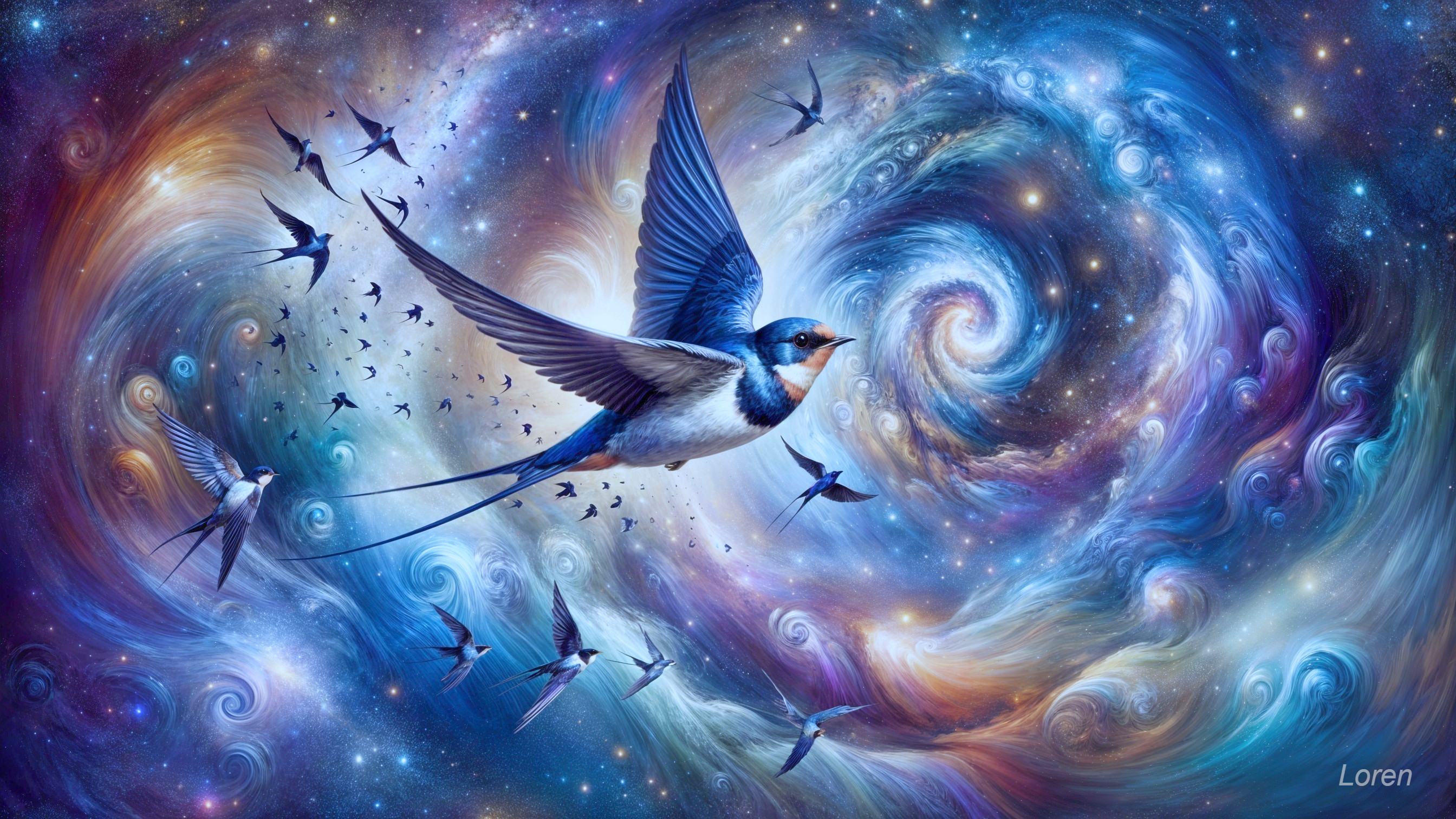 Vibrant Cosmic Scene with Blue Swallow in Galaxy