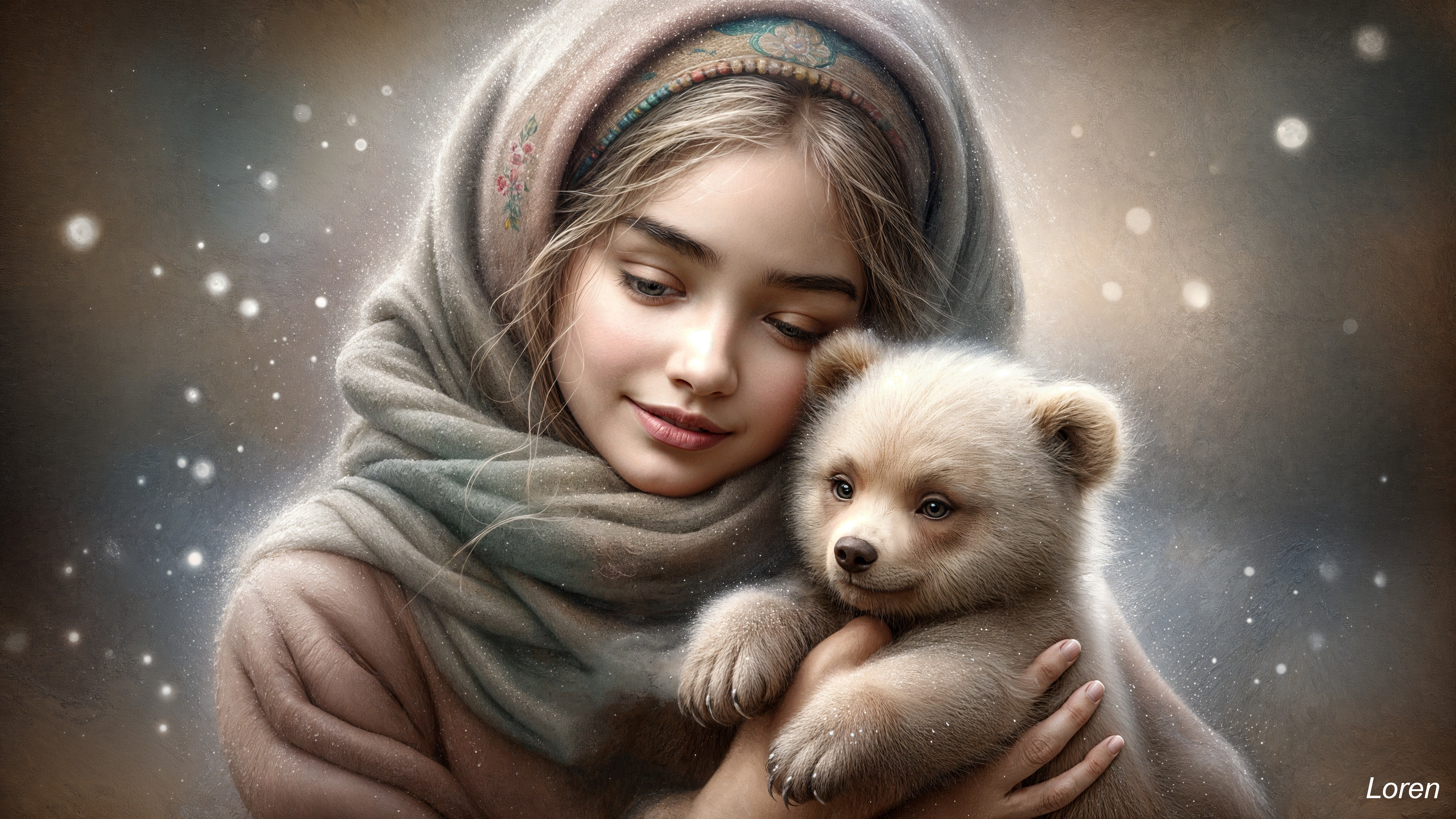 Young girl with bear cub in a warm, tender scene