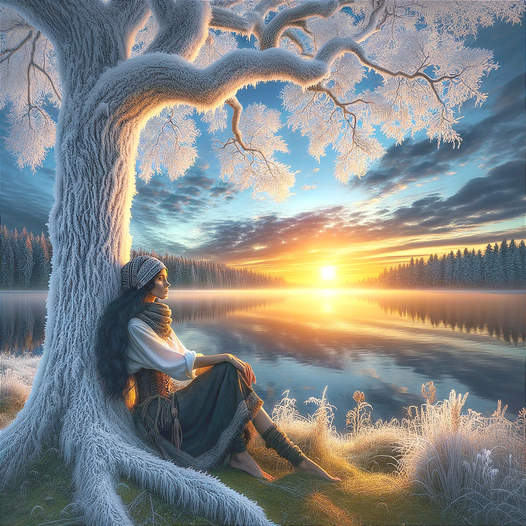 Winter Landscape with Woman by Frosty Tree and Lake